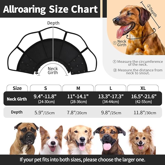 Allroaring Dog Cone Collar, Soft Dog Cones for Medium Dogs After Surgery, Adjustable Pet Cone for Dogs to Stop Licking, Breathable Doggie Elizabethan Collar for Wound Care Spay Neuter, Black M