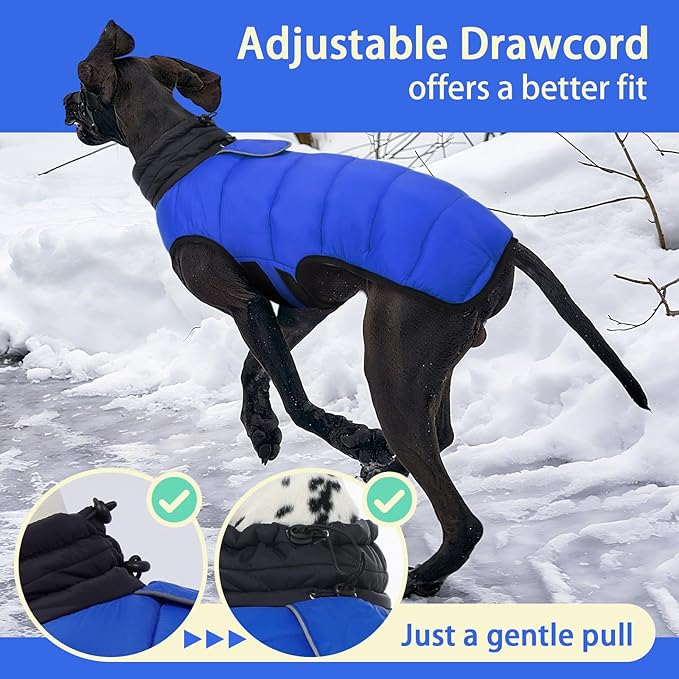 MIGOHI Lightweight Dog Puffer Jacket - Dog Winter Coat with Reflective Strips, Padded Vest with Harness Hole, Warm Snow Jacket Cold Weather, Easy On Hook & Loop Belly for Small Dogs, Blue, S