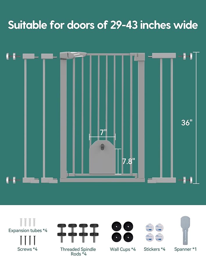 Babelio 36" Tall Auto Close Baby Gate with Cat Door,29-43" Metal Gate for Doorway,Stairs,House,Easy Walk Thru with pet Door,Includes 4 Wall Cups and 3 Extension Pieces,Gray