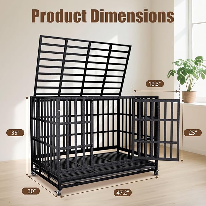 Enhanced Heavy Duty Dog Kennel Crate Cage with Strong Metal Frame, Double Doors and Lockable Wheels, for Extra Large Dog Breeds, Pet Playpen (Square, 48 inch)