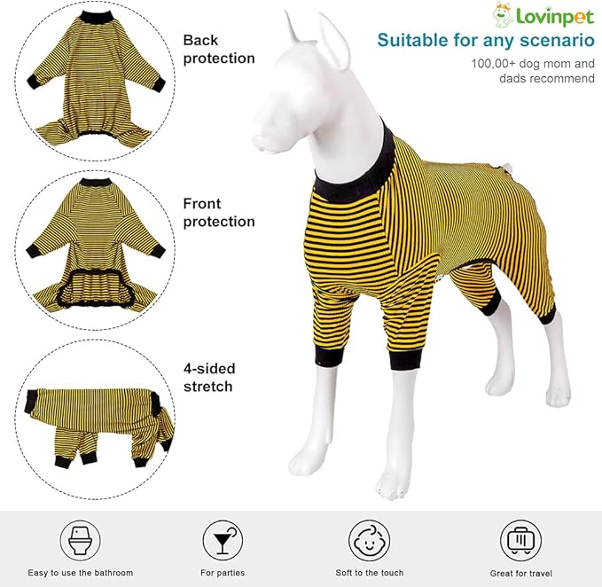 LovinPet Dog PJS Clothes for Giant Dogs, Pitbull Pure Cotton Yellow and Black Stripe Dog Shirt, 4-Legged Design, Full Body Coverage, Pajamas for Pitbulls, Onesies for Dogs, Large