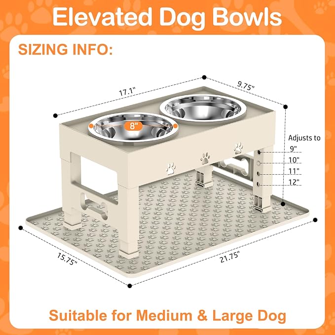 Elevated Dog Bowls with Mat, Raised Dog Food Bowl Stand with 2 Stainless Steel Bowls, 5 Height Adjustable (3.1", 9", 10", 11", 12") Non-Slip Feeder Set for Medium and Large Dogs – Apricot