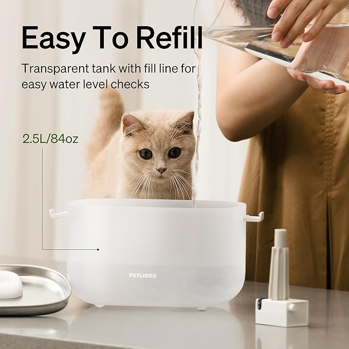 PETLIBRO Cat Water Fountain, Cat Fountain Indoor Stainless Steel Tray, 2.5L/84oz Wireless Pump Pet Water Fountain, Cat Water Dispenser with Two Flow Modes, Pet Fountain for Drinking Easy Clean