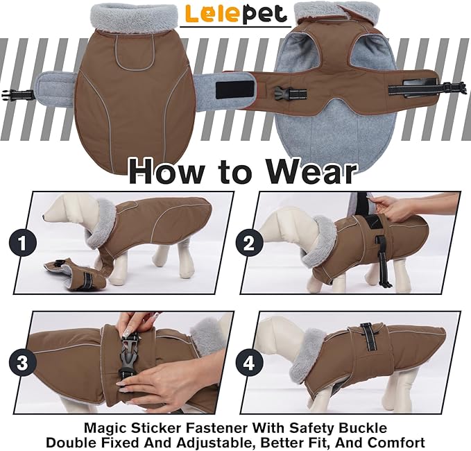Lelepet Warm Dog Coat Reflective Fleece Vest Waterproof Dog Jacket with Adjustable Buckle Hook & Loop Windproof Cold Weather Coats for Small Medium Large Dogs, Brown, M