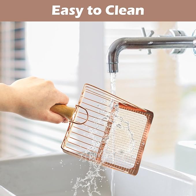 Metal Kitty Litter Scoop,Fast Sifting Litter Scooper for Cats,Cat Poop Scooper with Wood Handle & Hook Rose Gold Solid Two Mesh Kitten Deep Shovel