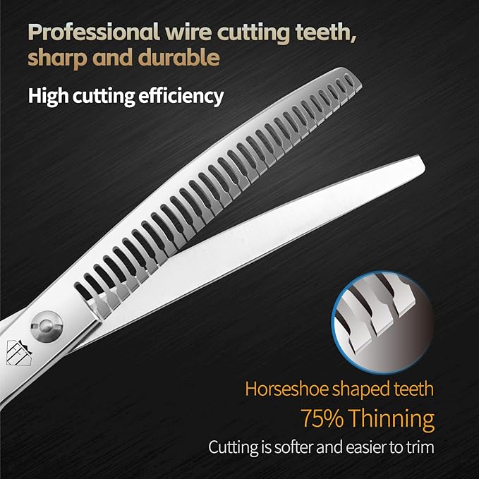 FENICE Professional Pet Grooming Scissors, JP440C Alloy Steel, Curved Chunker with Horseshoe Teeth, 75% Thinning (6.5")