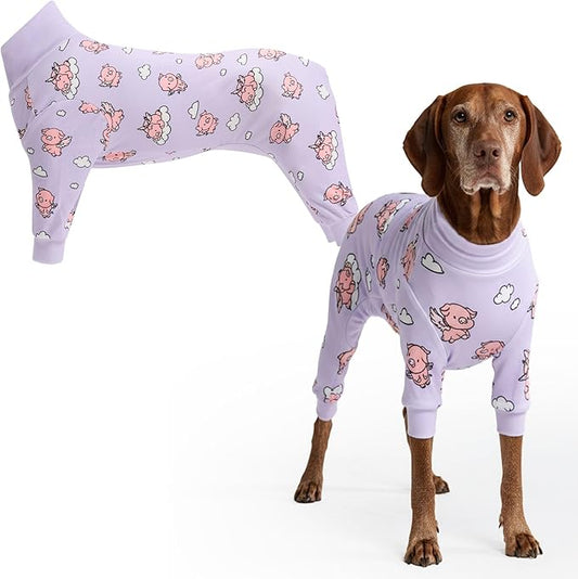 Spark Paws Dog Pajama, Dog Recovery Suit Male, Onesie, Ultra-Soft and 4-Way Stretch, for Small Medium and Large Breeds - When Pigs Fly - Purple - 2XL