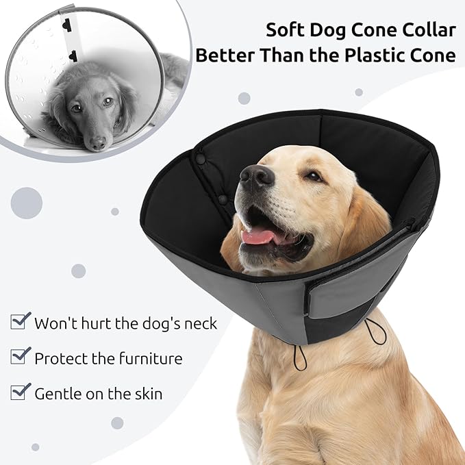 Queenmore Dog Cones for Large Dogs, Soft Dog Cone for Large Breeds, Cone for Dogs After Surgery, Adjustable Elizabethan Collar for Pet to Prevent Licking Wounds, Grey L