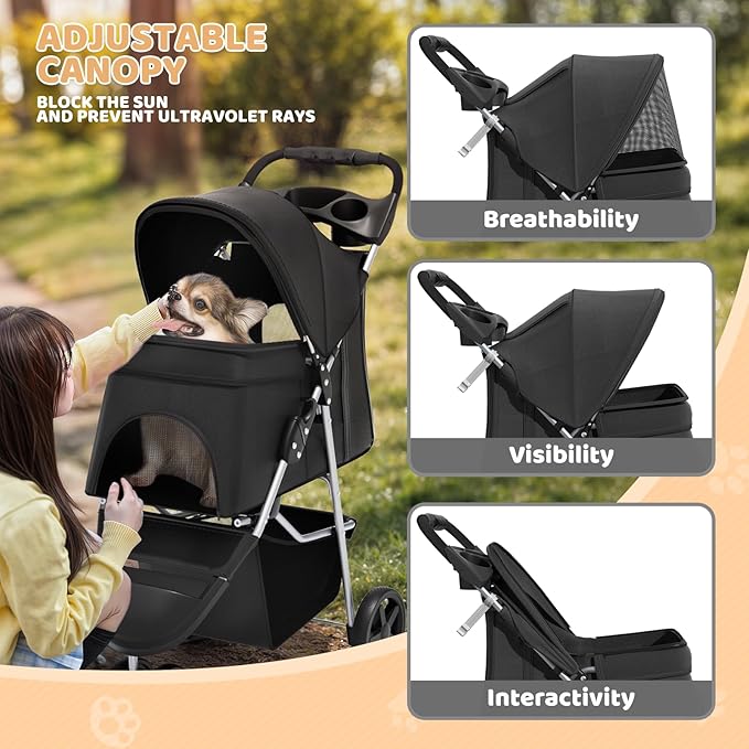Magshion 3-Wheel Pet Stroller, Foldable Travel Jogger for Small & Medium Dogs & Cats (Up to 33lbs), Lightweight Carrier with Breathable Mesh Cover, Cup Holder & Storage Basket, Black