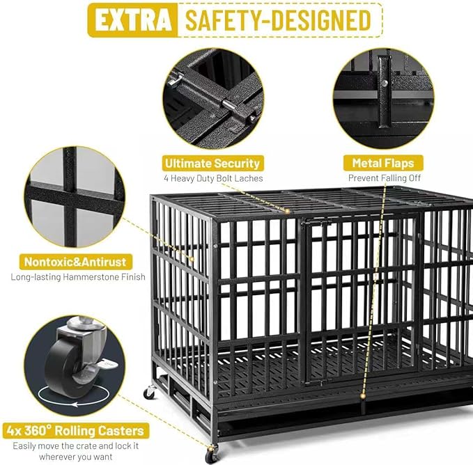 Escape-Proof Heavy Duty 48" Dog Crate, Indestructible Steel Kennel for Large & High-Anxiety Dogs with 300Lbs Capacity, Double Door Design with 4 Locking Wheels and Reinforced Baseplate.