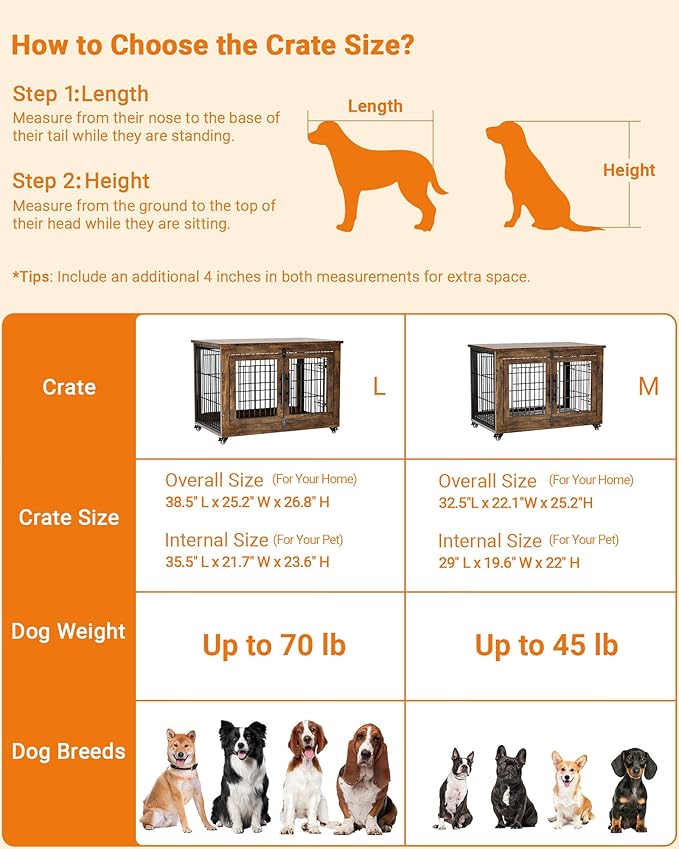 Dog Crate Furniture with Cushion Set of 2, Large Wooden Dog Kennel Indoor with Double Doors, Dog Cage with Wheels, Dog House Side End Table for Large Medium Dogs up to 70 lb, 38.5” L, Rustic Brown