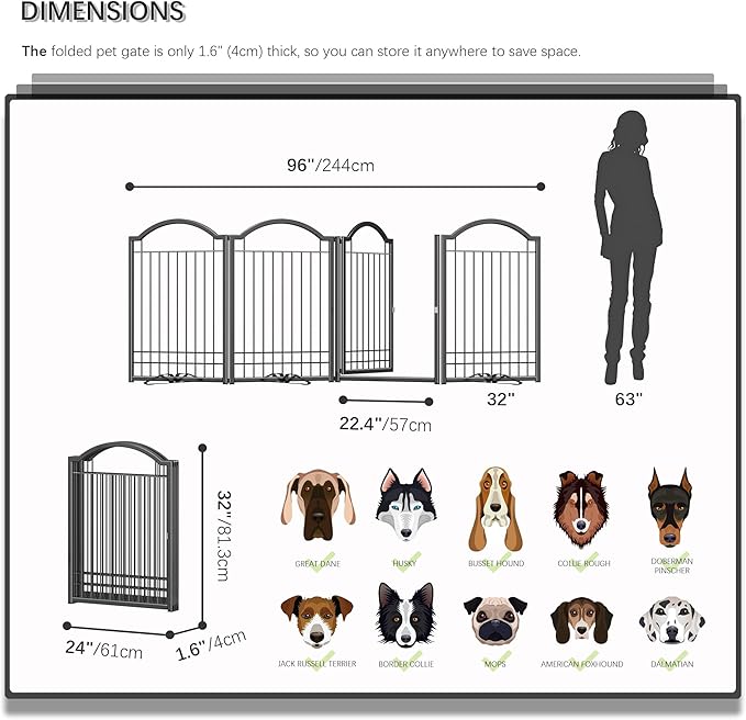 4NM Metal No Drilling Expandable Dog Gate, Extra Wide 96", Extra Tall 32" Free Standing Pet Gate with Door, Gates for Dogs Outdoor or Indoor, with 3PCS Support - Black
