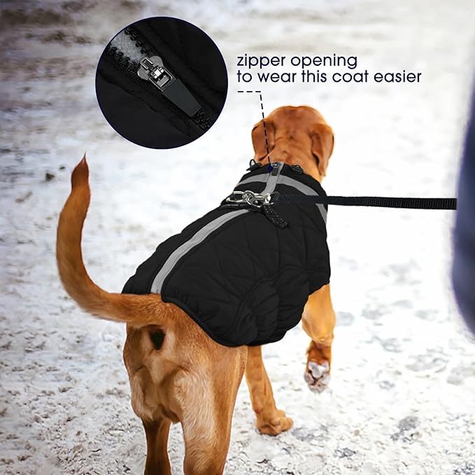 FUAMEY Dog Coat for Large Dogs,Waterproof Dog Winter Jacket with Harness Built in Puppy Cold Weather Coats Reflective Pet Vest with Zipper Warm Fleece Dogs Snowsuit Windproof Solid Black L