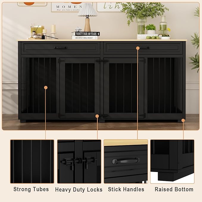 64.6" Furniture Dog Crate, Heavy Duty Wooden Dog Cage Furniture, Indoor Dog Kennel with Drawers & Removable Divider, Luxury Dog House with Double Rooms for Small Medium Breed Dogs, Black