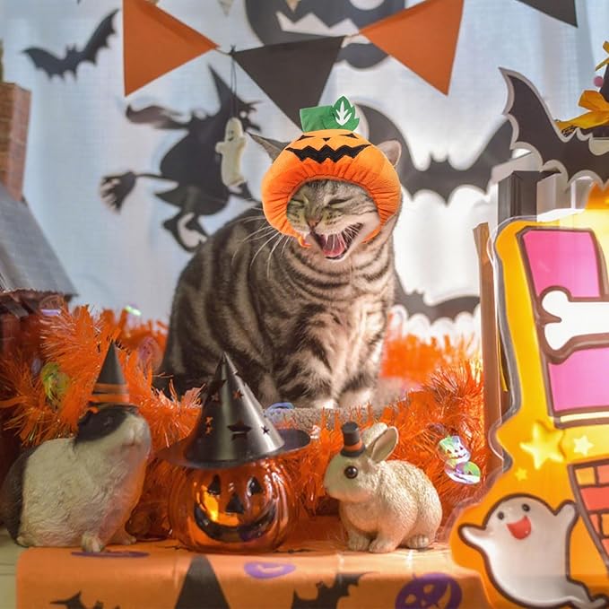 ABTOLS Halloween Dog Cat Pumpkin Shape Hat, Adjustable Soft Small Pet Orange Pumpkin Cap Headwear for Puppy Dogs Kittens Halloween Festival Cosplay Costume Accessory Headgear