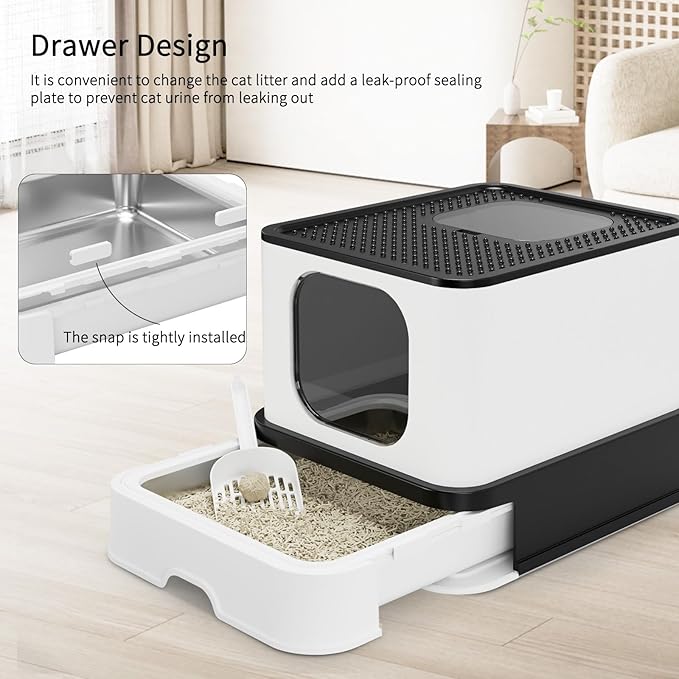 RIZZARI Stainless Steel Cat Litter Box: Large Leak-Proof Odor-Free Design - XXL Black - for Indoor Cats Pet Owners Solution