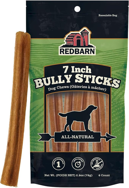 Redbarn Premium Bully Sticks for Dogs - 7 Inch, 6 Count - Long Lasting, Rawhide-Free, Slow Roasted, Low Odor & Highly Digestible, Single Ingredient Chews & All-Natural Dental Treats for Chewers