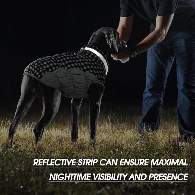 FUAMEY Dog Coat for Medium Dogs,Waterproof Dog Winter Jacket with Harness Built in Puppy Cold Weather Coats Reflective Pet Vest with Zipper Warm Fleece Dogs Snowsuit Windproof Checkerboard M