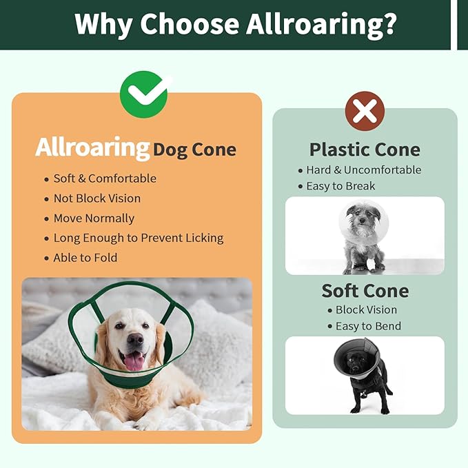Allroaring Dog Cone Collar, Soft Dog Cones for Medium Dogs After Surgery, Adjustable Pet Cone for Dogs to Stop Licking, Breathable Doggie Elizabethan Collar for Wound Care Spay Neuter, Green M