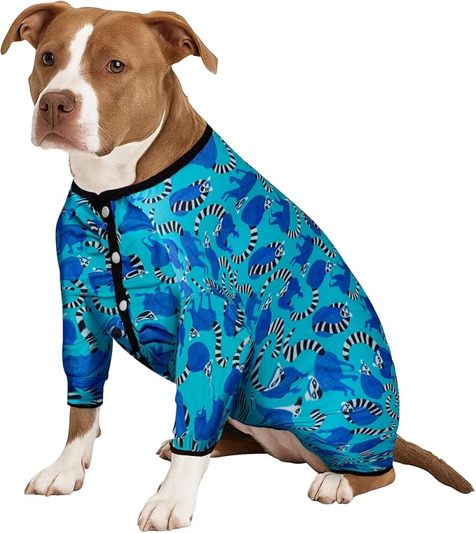 LovinPet Pitbull Pjs for Dogs, Pet Anxiety Relief, Uv Protection Dog Clothes, Comfy Stretchy, Lightweight Fabric, Lemur Print, Large Dog Pjs, Pitbull Clothes,Large