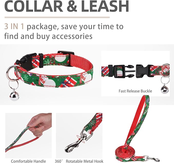 PUPTECK Adjustable Dog Harness Collar and Leash Set Step in No Pull Pet Harness for Small Medium Dogs Puppy and Cats Outdoor Walking Running, Soft Mesh Padded Reflective Vest Harnesses, Christmas, M