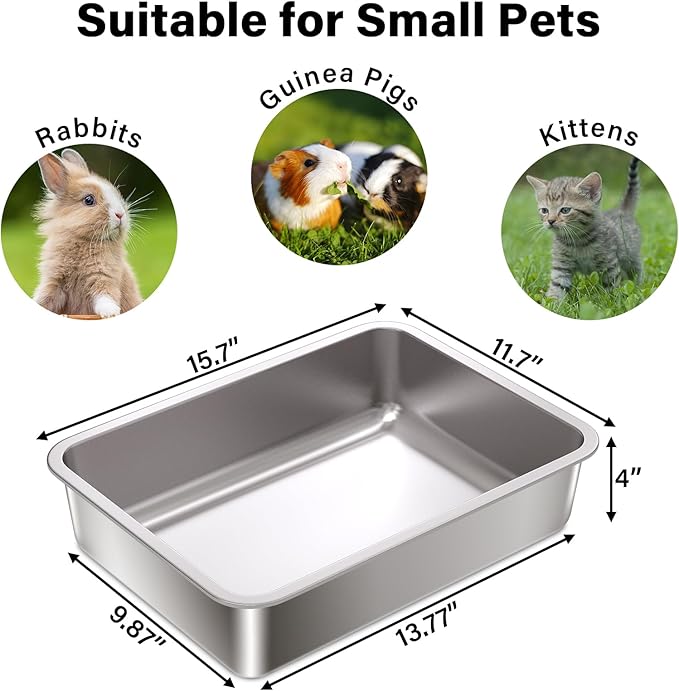 Stainless Steel Litter Box,15.7"×11.8"×4" Metal Cat Litter Box,Small Litterbox for Kitten,Rabbit,Guinea Pigs,Non Stick, No Smell, Easy to Clean