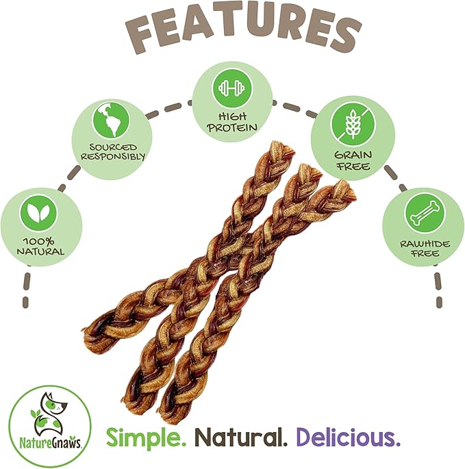 Nature Gnaws Braided Bully Sticks for Dogs 11-12" (5 Count) - Long Lasting for Aggressive Chewers and Large Dogs - Natural Beef Dog Chew Bones