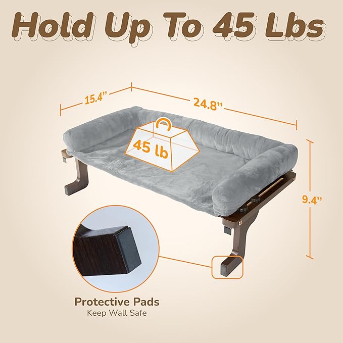 45LBS Capacity Cat Window Perch with Bolster, Hammock Seat with Plywood & Metal Frame, Cat Window Bed for Indoor Cats & Kitten, Extra Cood Pad (Walnut Wood & Gray Cushion, 24.8''W x 9.4''H)