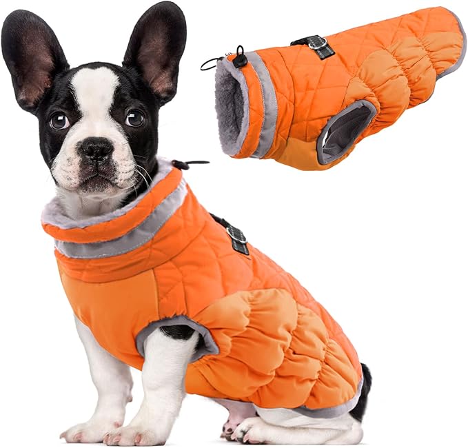 Lelepet Dog Coat Warm Dog Winter Coat Waterproof Dogs Jacket with Harness Built in Reflective Pet Fleece Vest Zip-Up Cold Weather Coats for Small Dogs Turtleneck & Windproof Chihuahua Blaze Orange XS