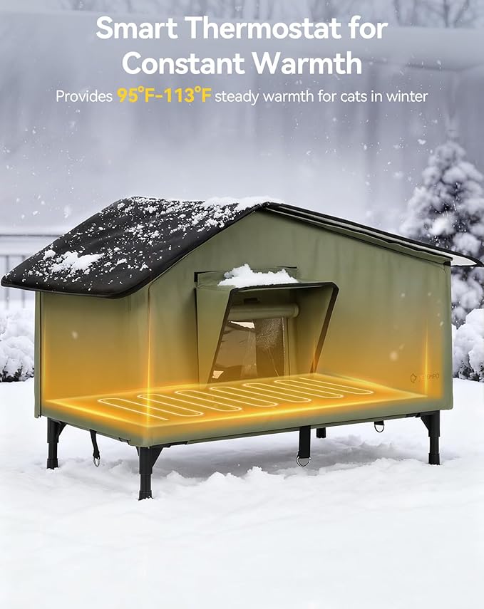 Heated Outdoor Cat House Weatherproof, 23"x18" Insulated Feral Cat Shelter with Pet Heating Pad, Escape Door & Observation Window for Kitten Puppy, UL Certified