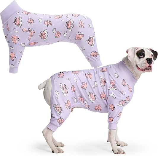 Spark Paws Dog Pajama, Dog Recovery Suit Male, Onesie, Ultra-Soft and 4-Way Stretch, for Small Medium and Large Breeds - When Pigs Fly - Purple - 3XL