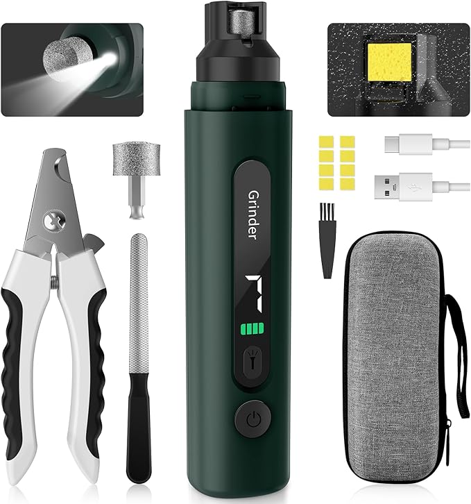 Dog Nail Grinder, 7-Speed Quiet Electric Dog Nail Trimmers, Dog Nail Clippers with Sponge Dust Collection & File for Small Medium Large Dogs, Rechargeable Pet Paw Grooming Supplies Kit(Green)