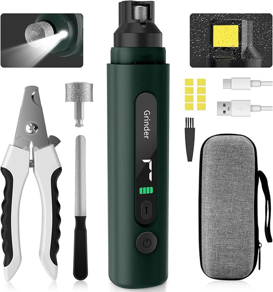 Dog Nail Grinder, 7-Speed Quiet Electric Dog Nail Trimmers, Dog Nail Clippers with Sponge Dust Collection & File for Small Medium Large Dogs, Rechargeable Pet Paw Grooming Supplies Kit(Green)