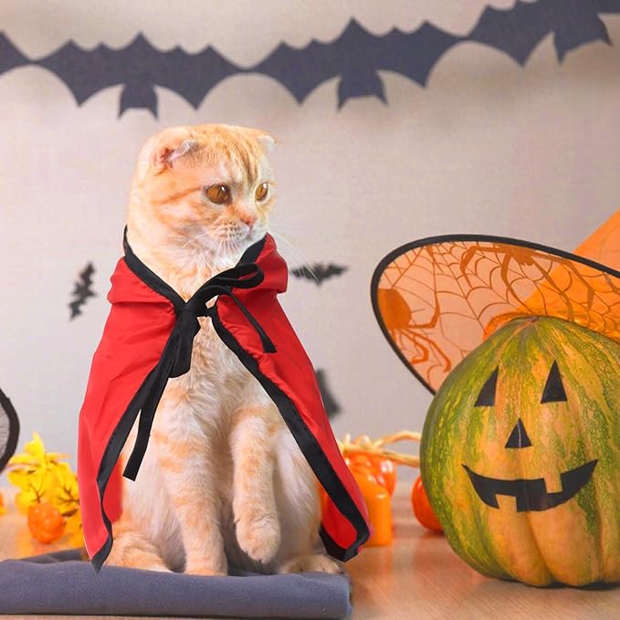 Threetols Pet Vampire Cloak Cape Costume Clothes, Adjustable Red Black Pets Devil Accessories Outfit Decor Cowl for Small Cats Dogs Animals Halloween Party Pets Cosplay
