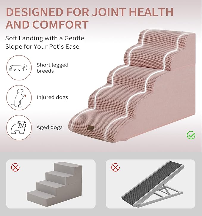 Made4Pets Dog Stairs Ramp for High Bed, 5-Step Pet Stairs for Bed Couch Sofa Climbing, 35D Foam Pet Steps for Small Dogs and Cats, Non-Slip Bottom Dog Steps, Pink