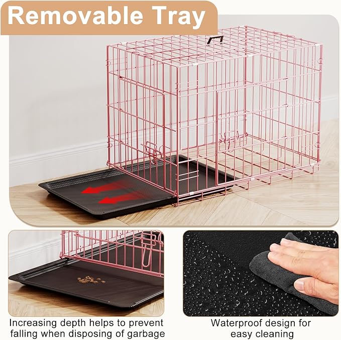 FDW 24inch Dog Crate Pet Cage with Metal Folding Design Plastic Tray Indoor Outdoor Dog Kennel Cage for Small Dogs,Pink