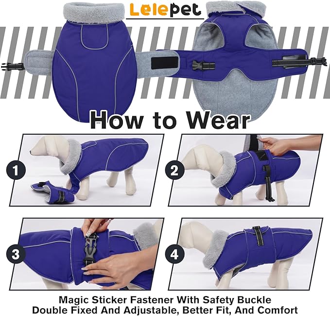 Lelepet Warm Dog Coat Reflective Fleece Vest Waterproof Dog Jacket with Adjustable Buckle Hook & Loop Windproof Cold Weather Coats for Small Medium Large Dogs, Blue, M
