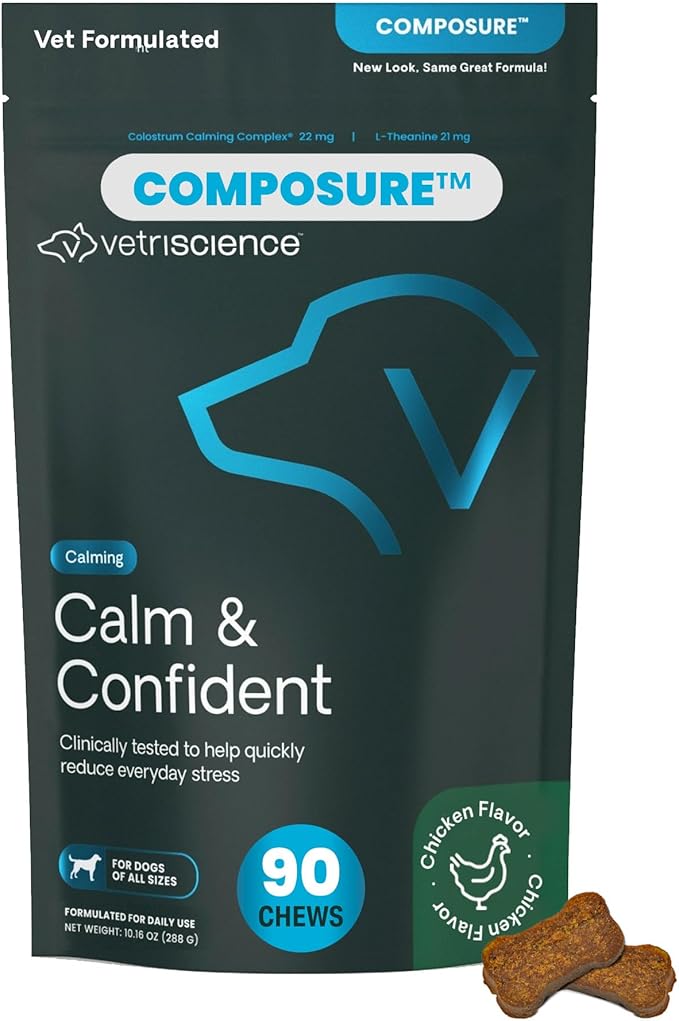 VetriScience Long Lasting Calm & Confident Calming Chews for Dogs, Supplement for Stress Support, Thunderstorms, Fireworks, & Travel, Chicken, Soft Chews, 90 Count - New Look
