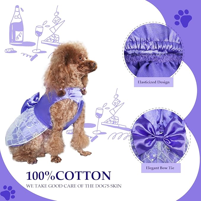 Dog Dress, Pet Birthay Clothes with Bow Tie, Dog Silk Outfit with Sequin, Puppy Princess Dress, Cute Doggy Skirt, Purple M