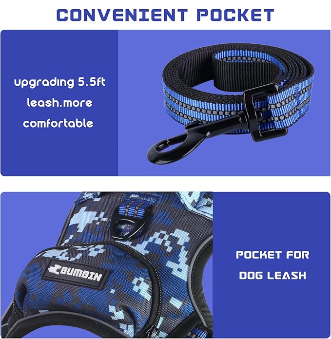 BUMBIN Dog Harness for Large Dogs, No Pull Adjustable No Choke Pet Vest with Dog Leash Fit Smart Reflective Pet Walking Harness for Training Easy Control Soft Handle Denim Blue S