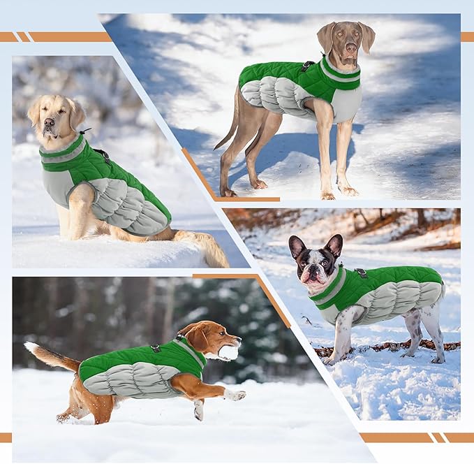 Winter Dog Coat,Large Dog Jacket,Waterproof Pet Jacket with Back Zipper,Pet Coat with Harness Built in,Warm Dogs Coat with Fleece Lined, Snow Jacket Clothes French Bulldog Shiba Inu,Green,L