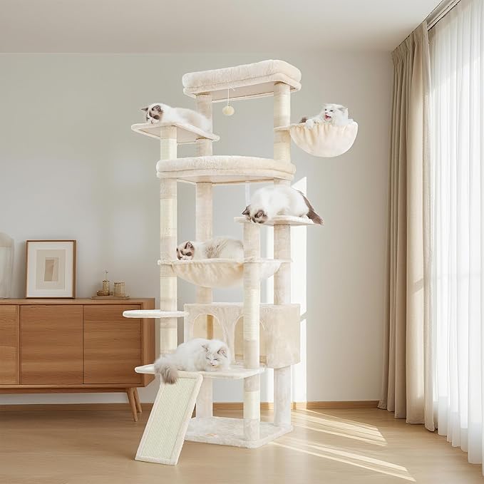 Heybly Tall Cat Tree for Large Cat, 80-inch Multi-Level Cat Tower for Indoor Cats with Large Baseboard, Condo Furniture with 2 Widened Plush Perches,Scratching Board and Big Caves, Beige HCT038M