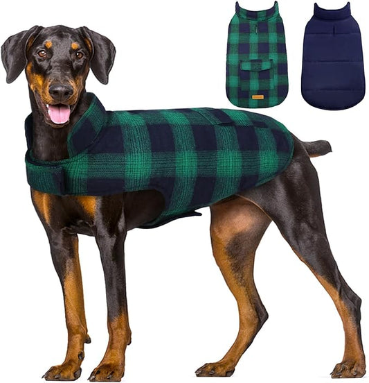 Kuoser Dog Winter Coat, Reversible Dog Jacket, Warm Doggie Coat British Style Puppy Cold Weather Coats, Windproof Pet Clothes for Extra Large Dogs Green XXXL