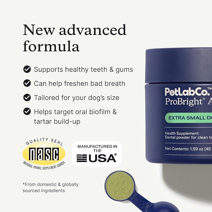 PetLab Co. ProBright Advanced Dental Powder - Dog Breath Freshener - Teeth Cleaning Made Easy – Targets Tartar & Bad Breath - Packaging May Vary - Formulated for Extra Small Dogs