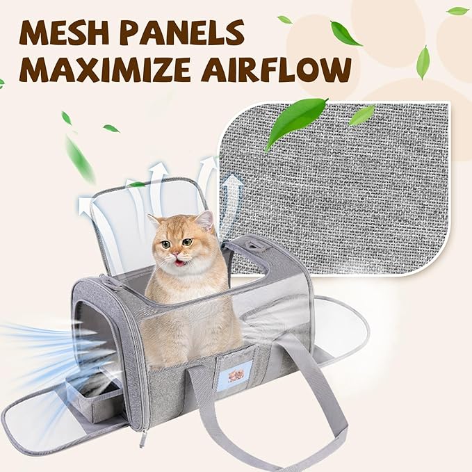 Pet Carrier 17Lx12Wx11H inches, Airline Approved,Pet Travel Carrier Bag for Small Cats and Dogs, Soft Dog Carrier for 1-25 LBS Pets,Dog Cat Carrier with Safety Lock Zipper (Grey)
