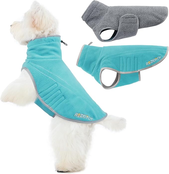 ROZKITCH Reversible Dog Sherpa Jacket Super Warm Fleece Sherpa Sweater with Embroidery, Adjustable Double-Sided Plush Sweatshirt for Small Breeds Bluegreen M
