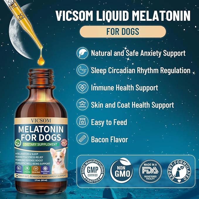 Liquid Melatonin for Dogs, Dog Melatonin with L-Theanine for Small Medium Large Dog Sleep Aid, Stress & Anxiety Relief, Calm Aid for Dogs Puppies, Support Relaxation & Deep Sleep, 60ml