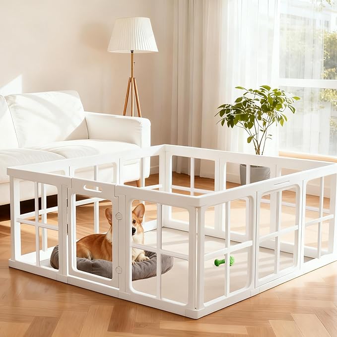 Clear Acrylic Dog Playpen Indoor, 12 PCS Plastic Puppy Playpen with Door, Cat Rabbit Ferret Pet Play Pen, Easy Assemble Dog Fence Crate Kennel Whelping Cage Enclosure for Small Dogs, White