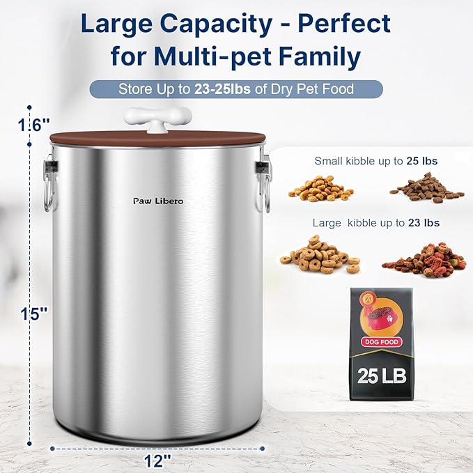25 Lbs Stainless Steel Dog Food Storage Container with Airtight Lid & Ceramic Bone Handle, Large Metal Dog Food Bin for Dogs & Cats, Keep Fresh, Easy to Clean