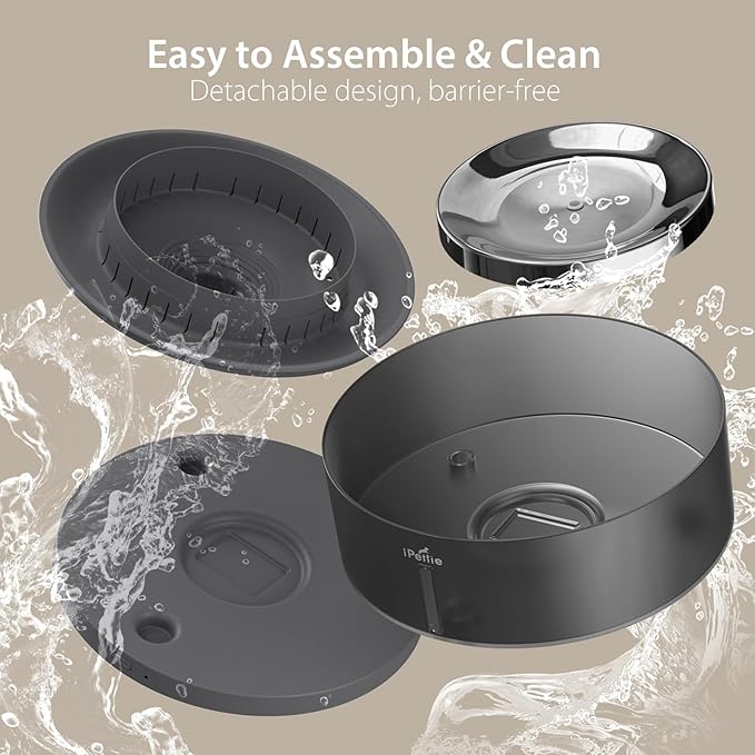 iPettie Cake Dog Water Fountain, 8L/2.1Gal Large Capacity Automatic Dispenser, Wireless Pump Filtered Waterer Purifier with BPA-Free Stainless Steel Bowls, Dishwasher Safe, Grey